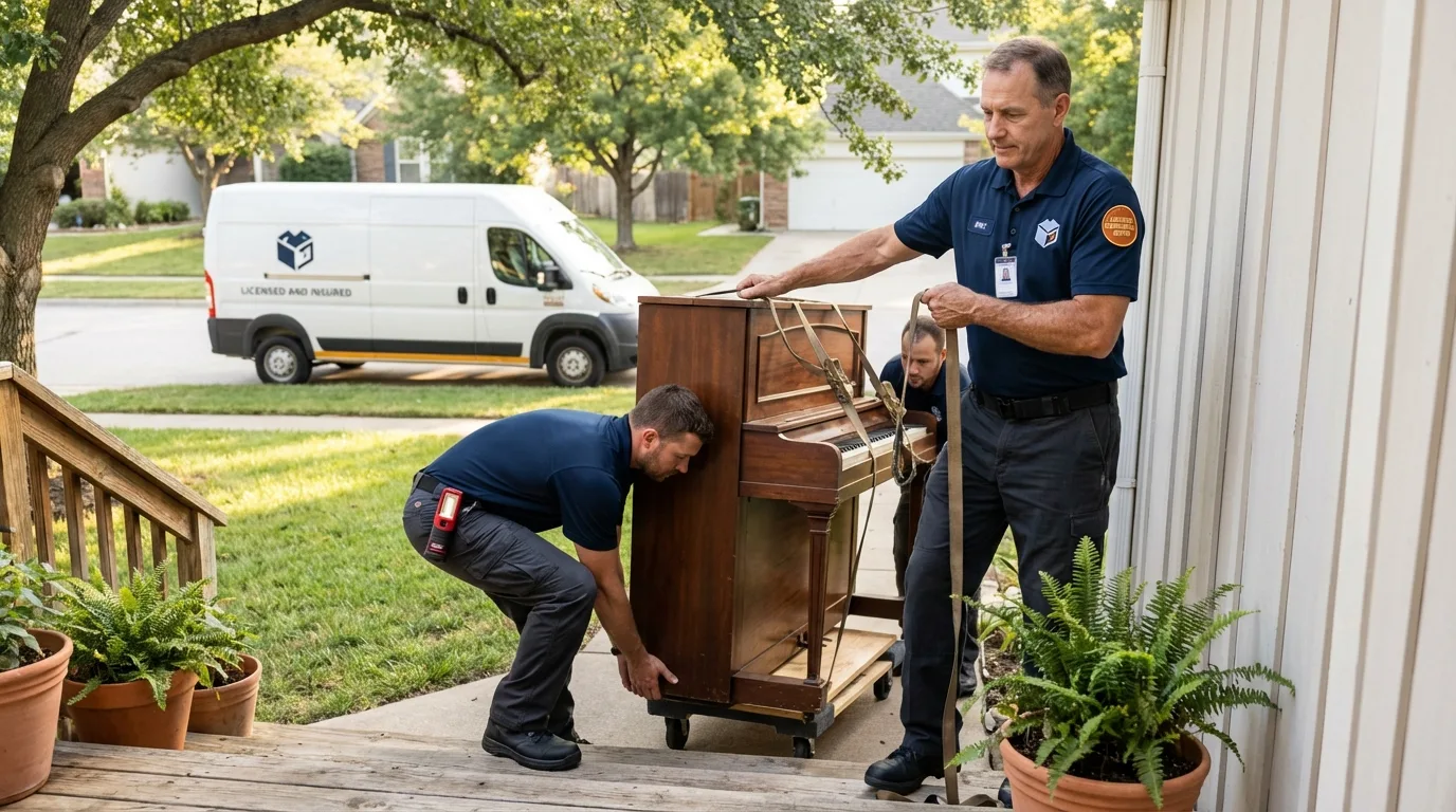 Licensed piano movers securing grand piano in Minoa, NY