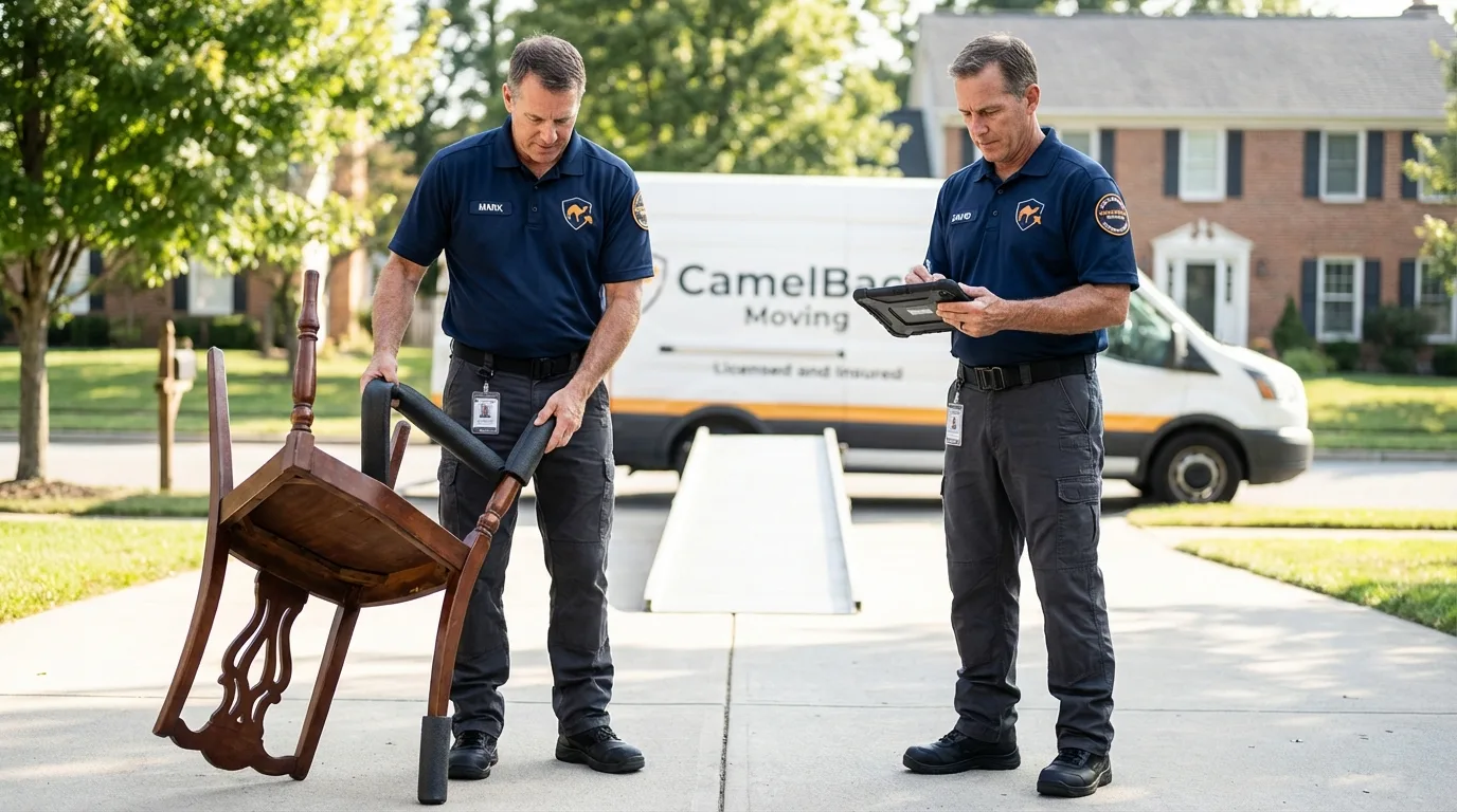 Movers inspecting furniture for damage prevention before loading in Minoa, NY