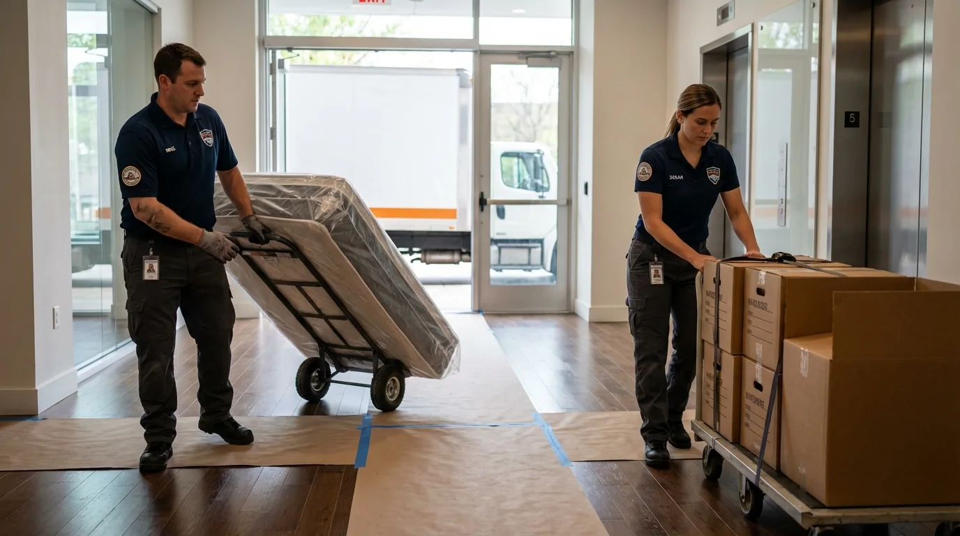 Professional apartment movers loading elevator in Minoa, NY